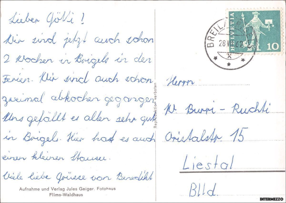 Cartoline postali: Brigels GR // Dorfpartie 1962 – Usato da Basel venduto da intermezzo12 1