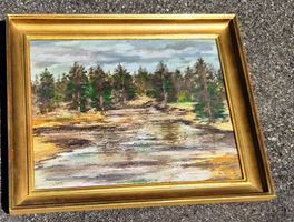 Ölgemälde Landschaft mit Bäumen und Wasser
