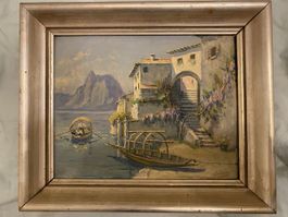 Gemälde mit See und Booten, gerahmt, signiert, schön