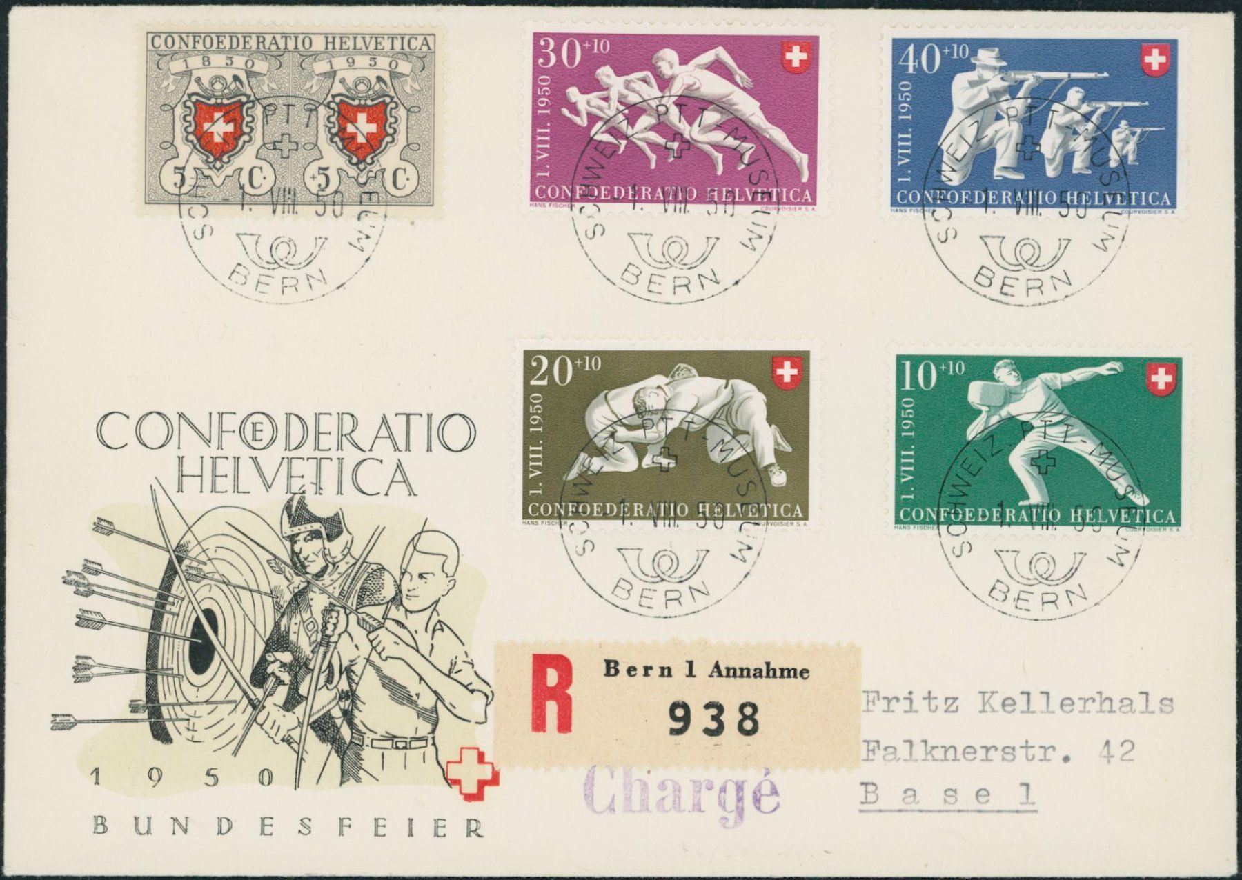 Alle Briefmarken: 1950 - Pro Patria - Bundesfeier - Satzbrief - 1. August – Gebraucht aus Schindellegi von leecollect