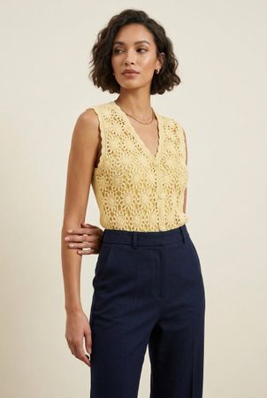 Vintage Gilet Crochet Jaune Sans Manches Boutons T. L