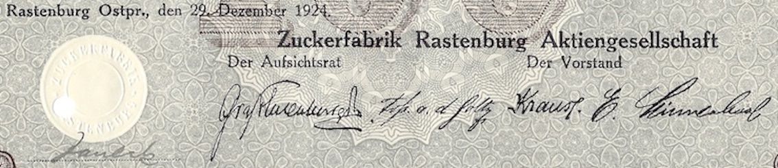 Documenti: Zuckerfabrik Rastenburg AG, Rastenburg - 1924 – Usato da Solothurn venduto da Sgasche 1