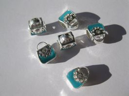2 Metallperlen, Grosslochperlen, Beads Tasche türkis
