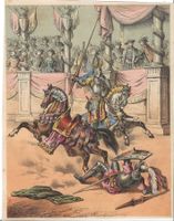 Antike kolorierte Lithographie, Turnier, Reiter, um 1850