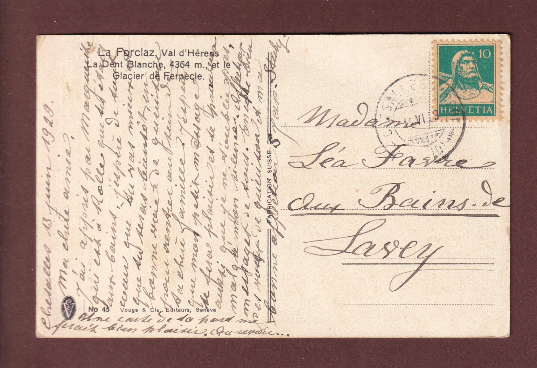 Cartoline postali: LA FORCLAZ - Verset - 1929 – Usato da Pully venduto da nicecards 1