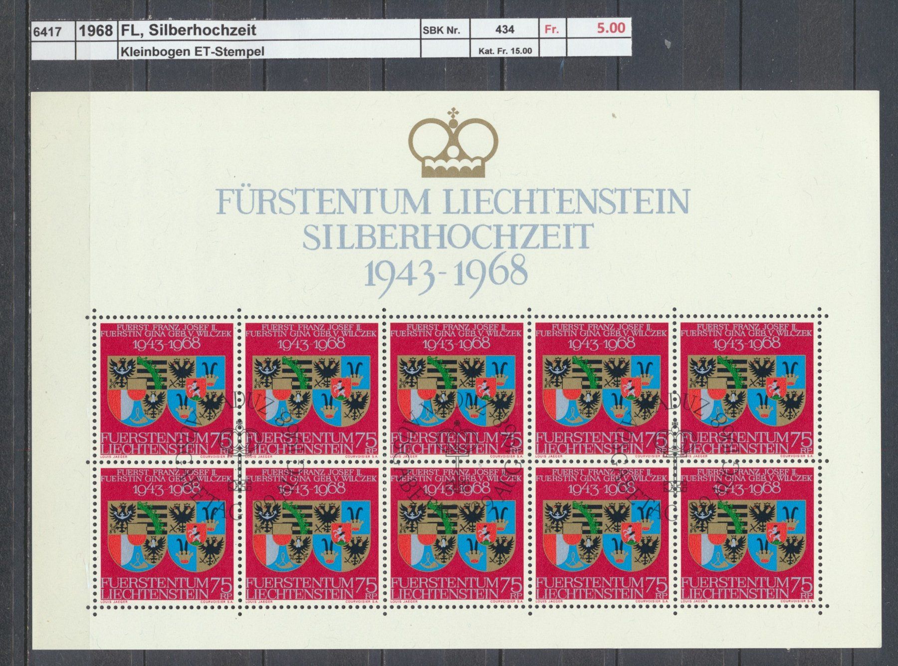 Tutti i francobolli: 1968 FL, "Silberhochzeit" - Kleinbogen, ET - Stempel – Usato da Winterthur venduto da Zupogeru