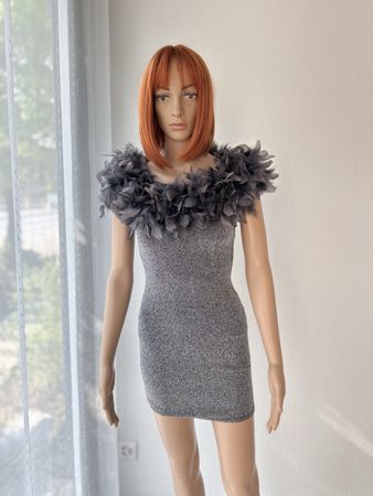 Feather Boa Collar Sparkly Dress Silver Small New