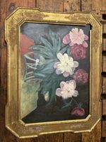 Dipinto antico con fiori, cornice dorata da restaurare!