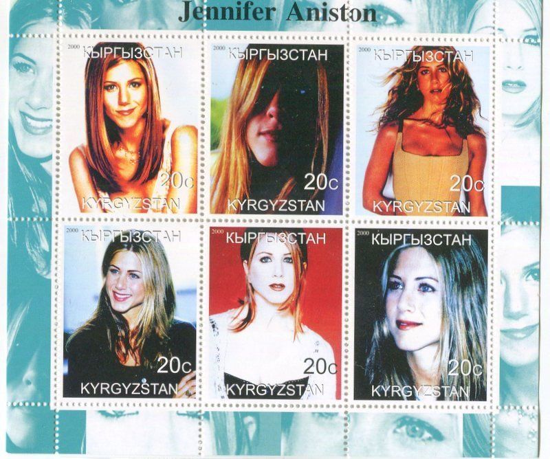 Tutti i francobolli: Block "Jennifer Aniston". Kirgisistan. – Nuovo e nell'imballaggio originale da Basel venduto da Butsch5