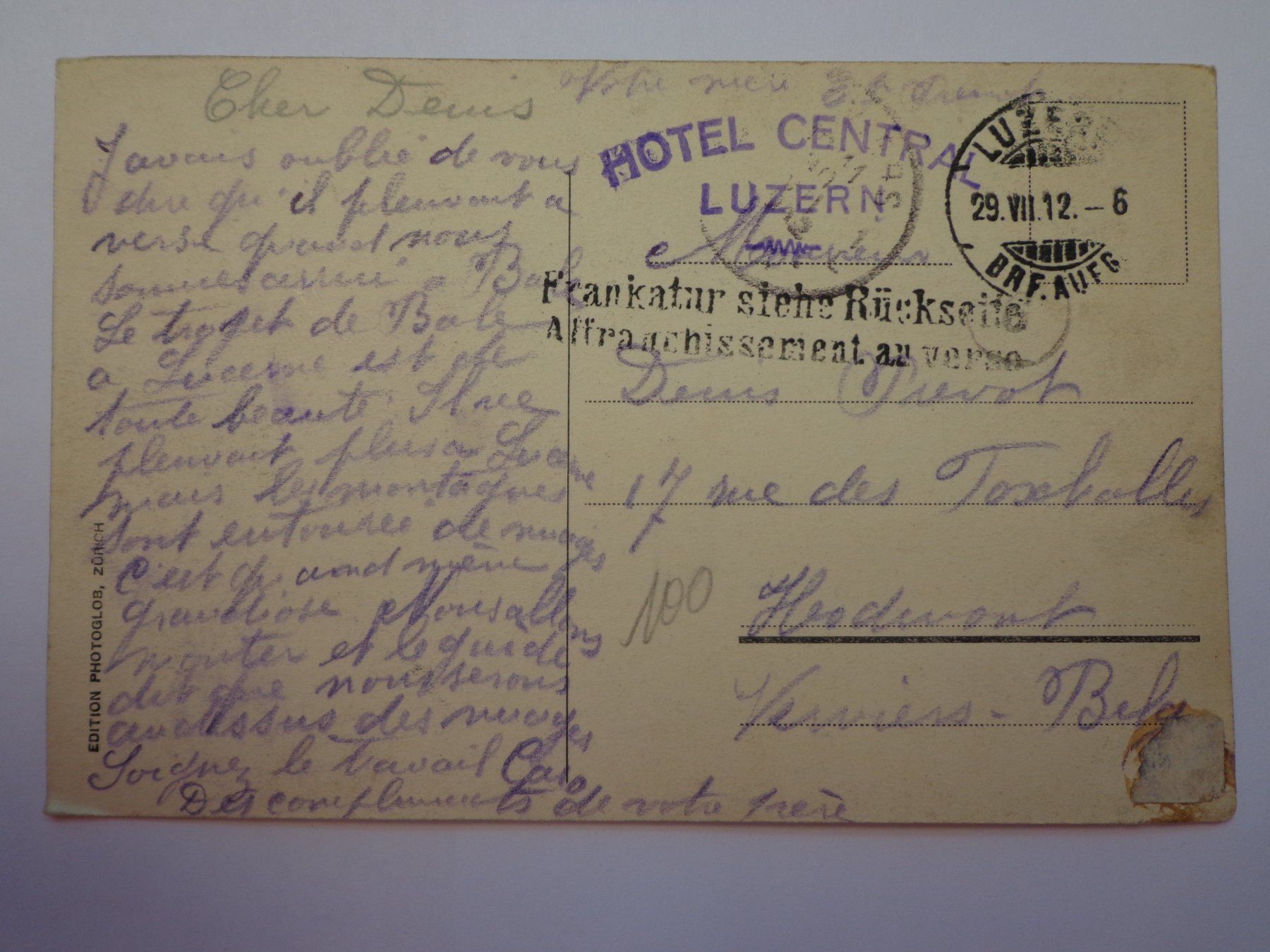 Cartoline postali: Antike Postkarte Ansichtskarten Luzern du Lac 1912 – Usato da Andeer venduto da Baerenburger 1