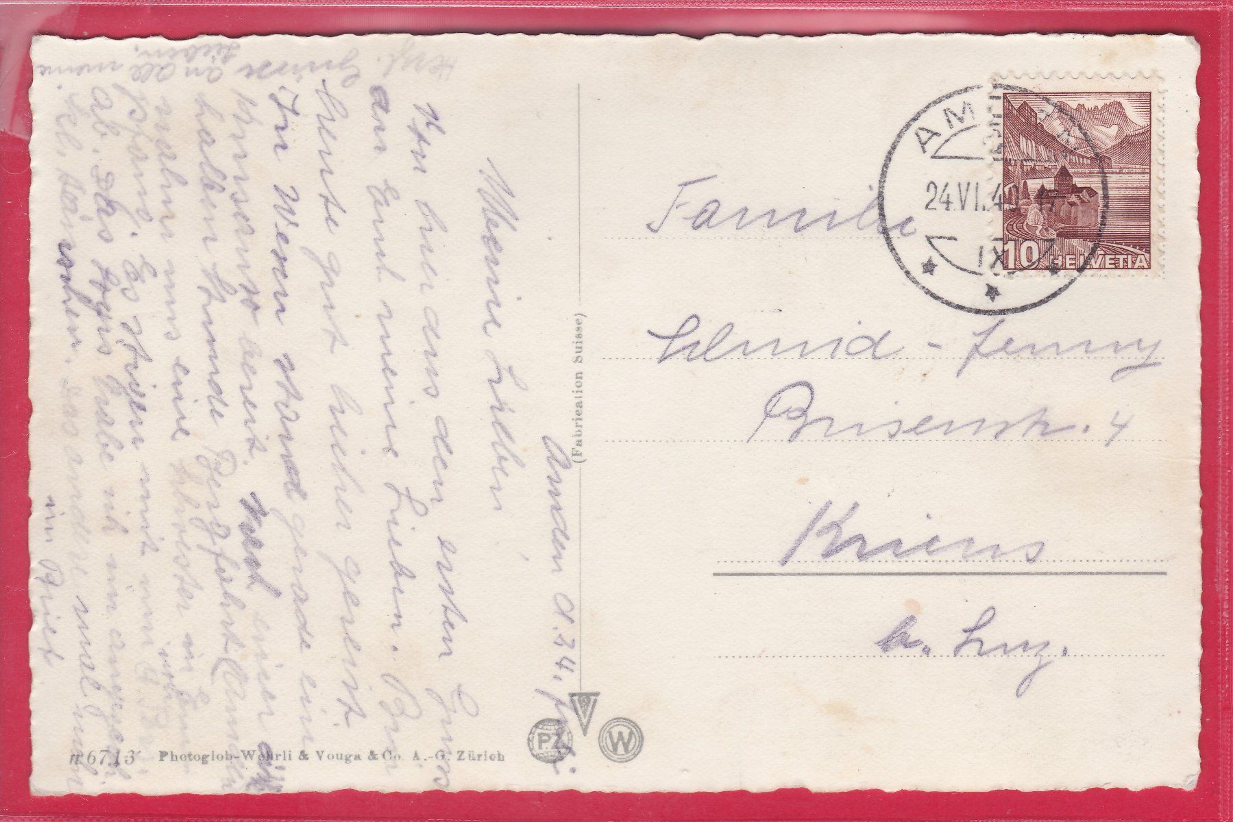 Cartoline postali: AMDEN, 24.6.1940 – Usato da Oberrieden venduto da Gebirgsstelze 1