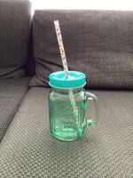 Trinkglas mit Schraubdeckel und Blumen-Strohhalm, türkis