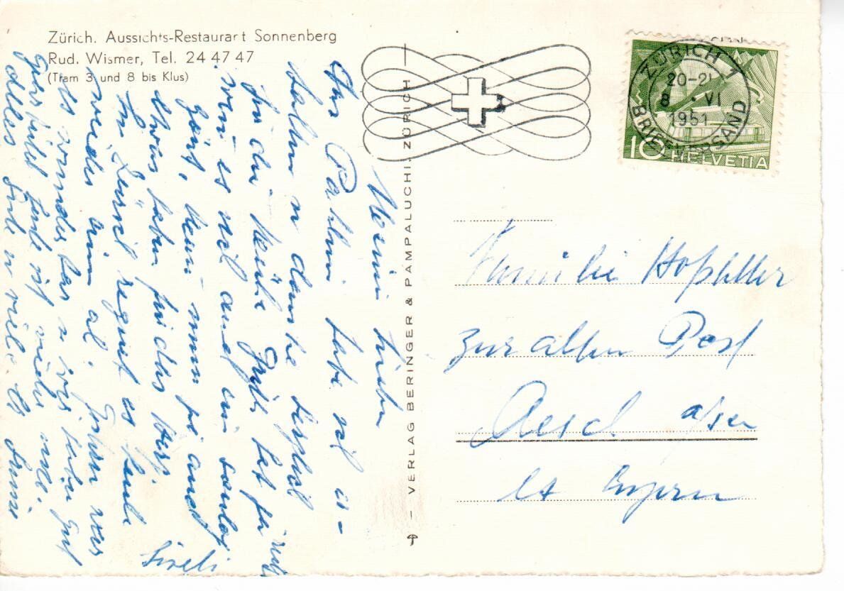 Cartoline postali: Zürich - Sonnenberg 1951 – Usato da Wolhusen venduto da Curver9 1