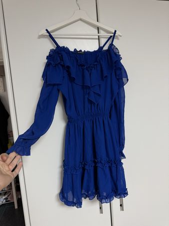 Royal Blue Ruffle Mini Dress, Size M,Long Sleeve Style