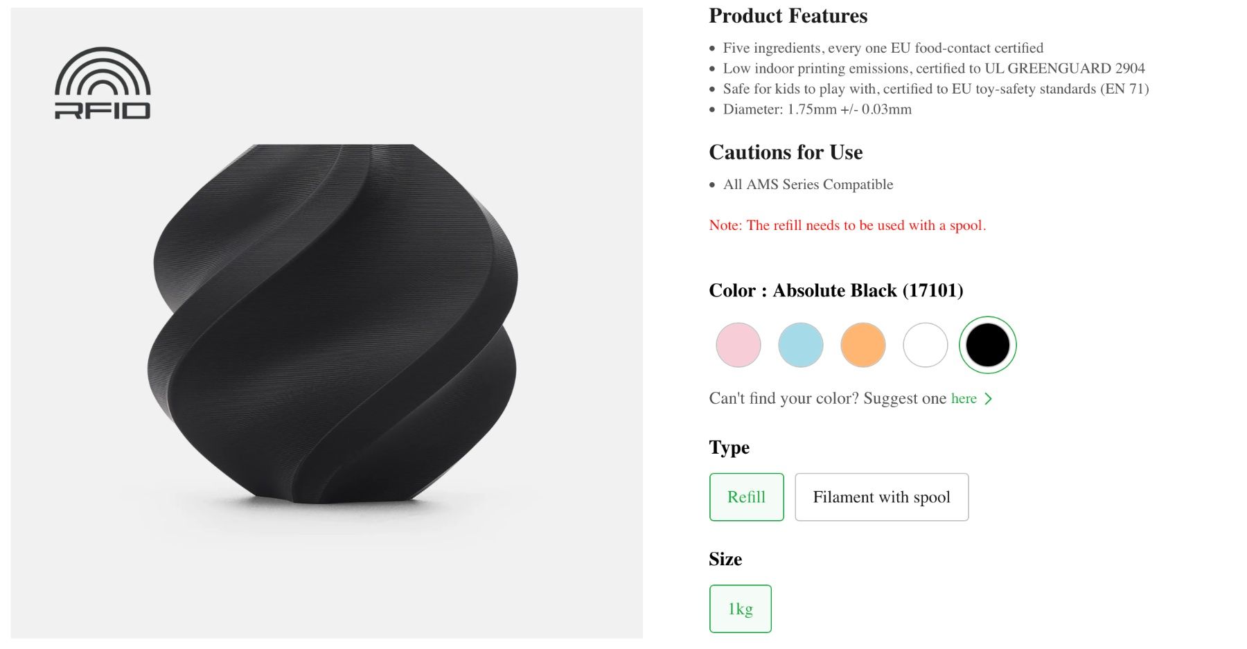 Filamento: Bambu Lab PLA Pure Absolute Black (17101) / refill – Nuovo e nell'imballaggio originale da Aven venduto da psdigital 1