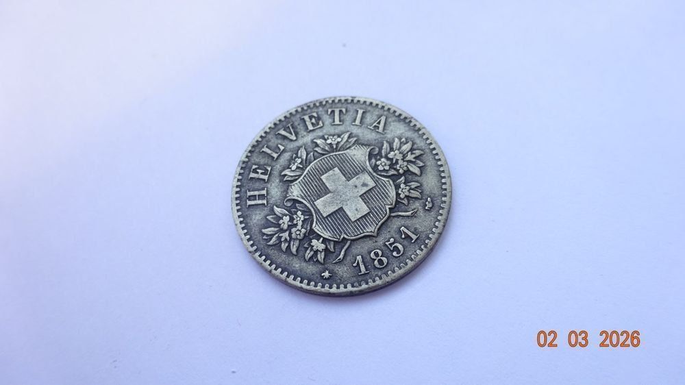 Alle Münzen: 20 Rappen 1851 qualité très rare – Gebraucht aus bassecourt von Oursvert