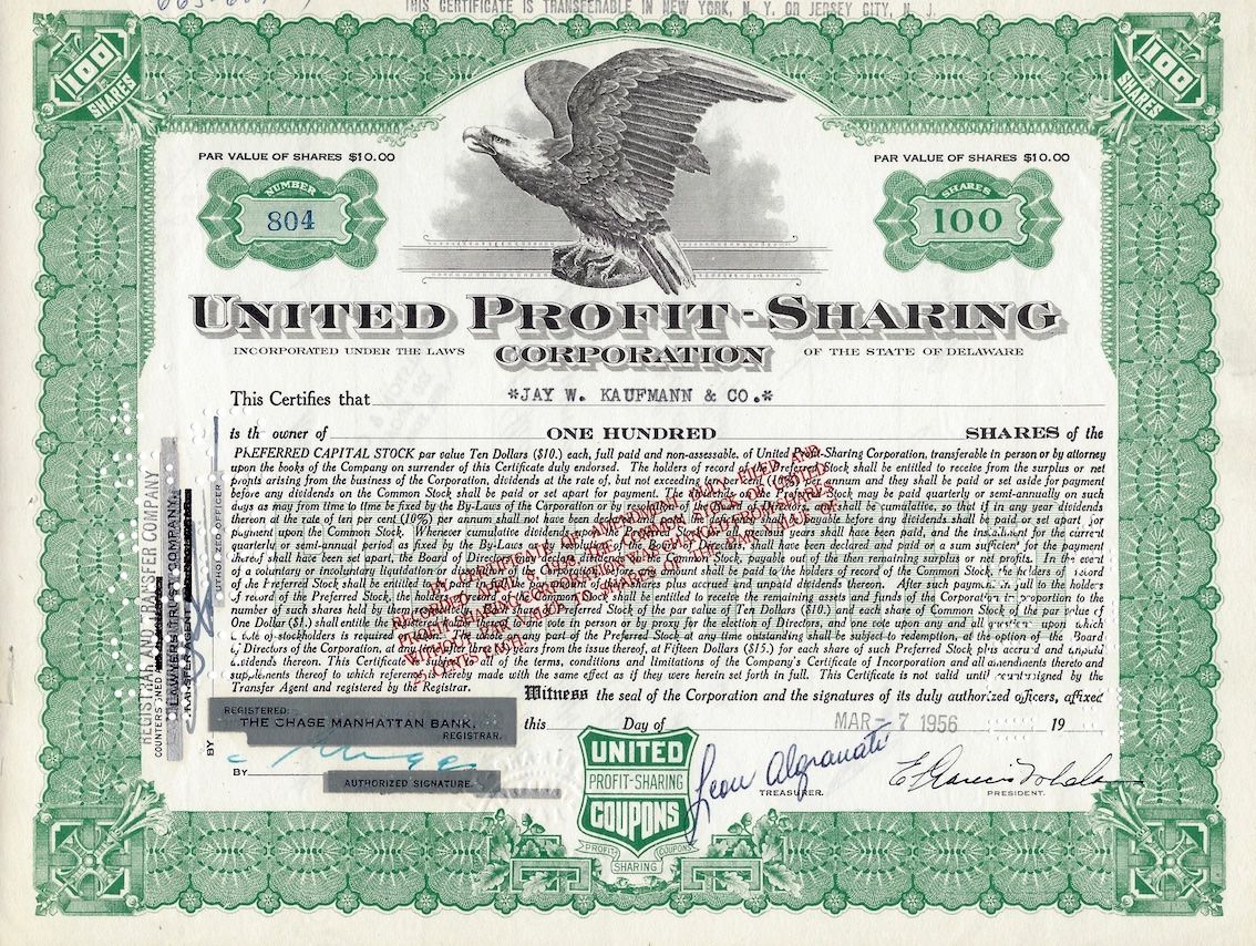 Dokumente: United Profit-Sharing Corporation - 1957 – Gebraucht aus Solothurn von Sgasche