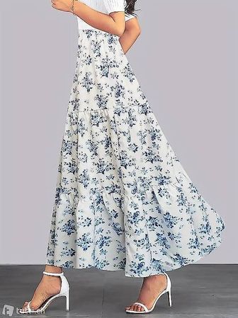 Damen-Blumenmuster-Maxirock - Blau & Weiß Gr.48/52