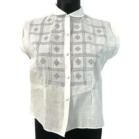Bluse Top weiss Leinen Gr. L/XL Hohlstickerei Vintage 1950s