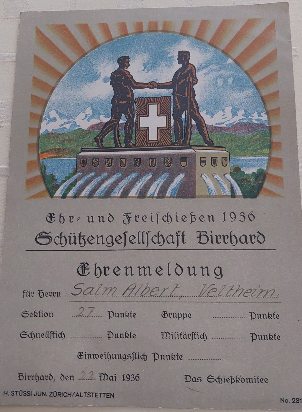 Documenti: Ehrenmeldung Schützengesellschaft Birrhard 1936 – Usato da Veltheim AG venduto da fredy_richner