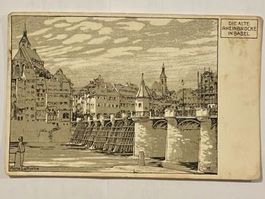 Pro Juventute Ansichtskarte der alten Rheinbrücke in Basel