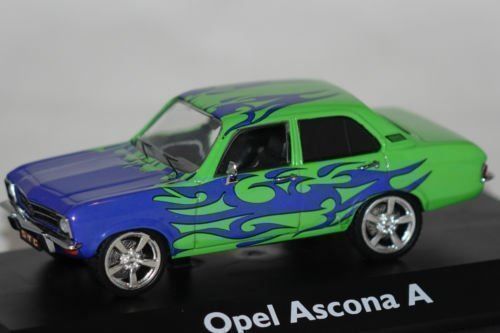 Opel Modellini d'auto: Opel Ascona A 1970-1975 "Tuning Version" hellgrün / blau – Nuovo e nell'imballaggio originale da Gerlafingen venduto da espero88