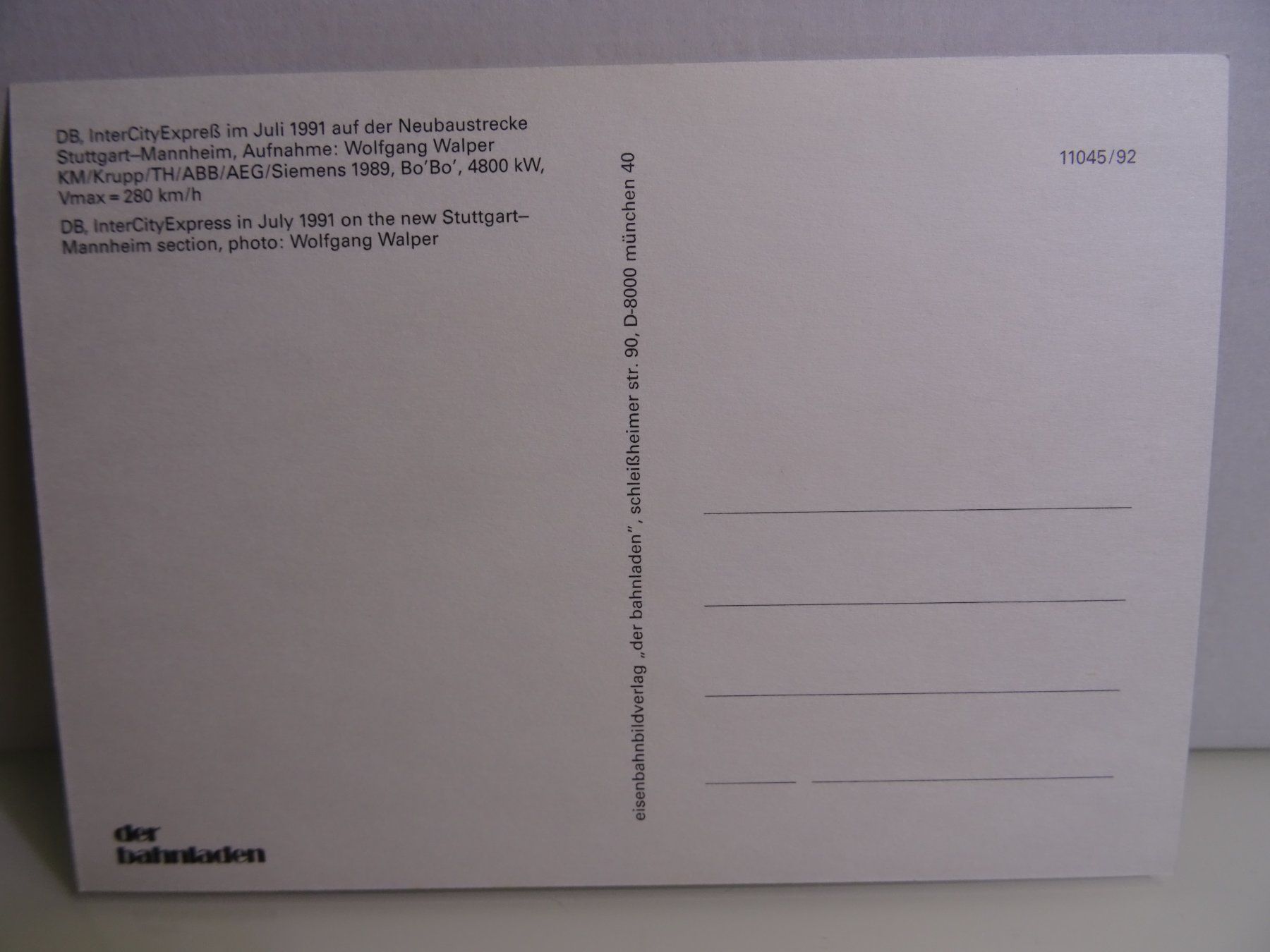 Ansichtskarten: Ansichtskarte DB ICE 401 Neubaustrecke Stuttgart-Man.7.1991 – Gebraucht aus Teufen AR von Brandan2171 1