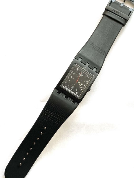 Swatch Armbanduhr, Lederarmband, schwarz, Vintage 2