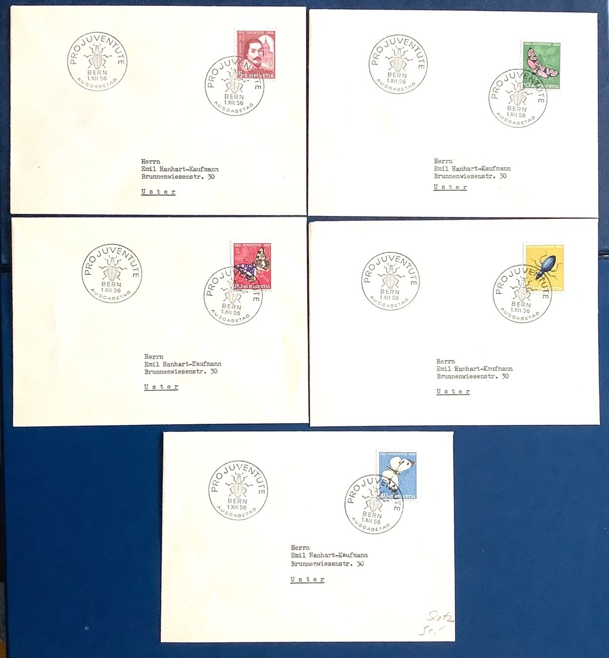 Alle Briefmarken: 1956 FDC Pro  Juventute Satz auf 5 Briefe – Neu (gemäss Beschreibung) aus Liestal von Skunk02
