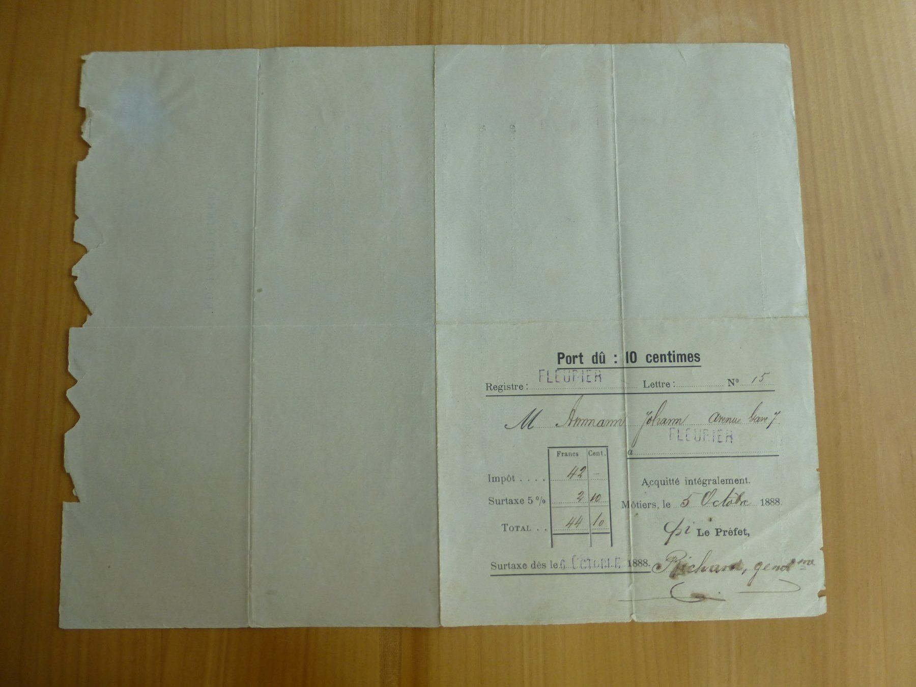 Documenti: Fleurier 5. Octobre 1888 – Usato da Bettlach venduto da 1saurer 1