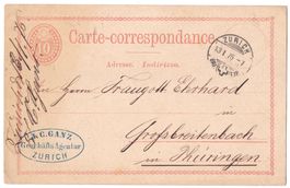 Ausland-PK 1876 J.C. Ganz Geschäfts Agentur ZH n. Thüringen