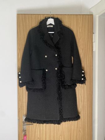 Leopoldo Milano Tweed Mantel mit Fransen Schwarz XS