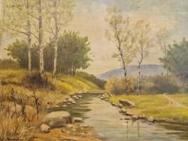 Gemälde Landschaft mit Bach und Bäumen, signiert