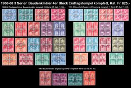 1960-68 Baudenkmäler 3 Serien 4er Ersttagsstempel, Fr. 825.-