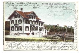 Gruss vom Gasthaus und Bäcker Saum bei Herisau (AR) 1903 rar