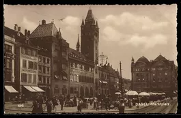 AK Basel, Marktplatz mit Marktbetrieb, Turm, Kaffeerösterei