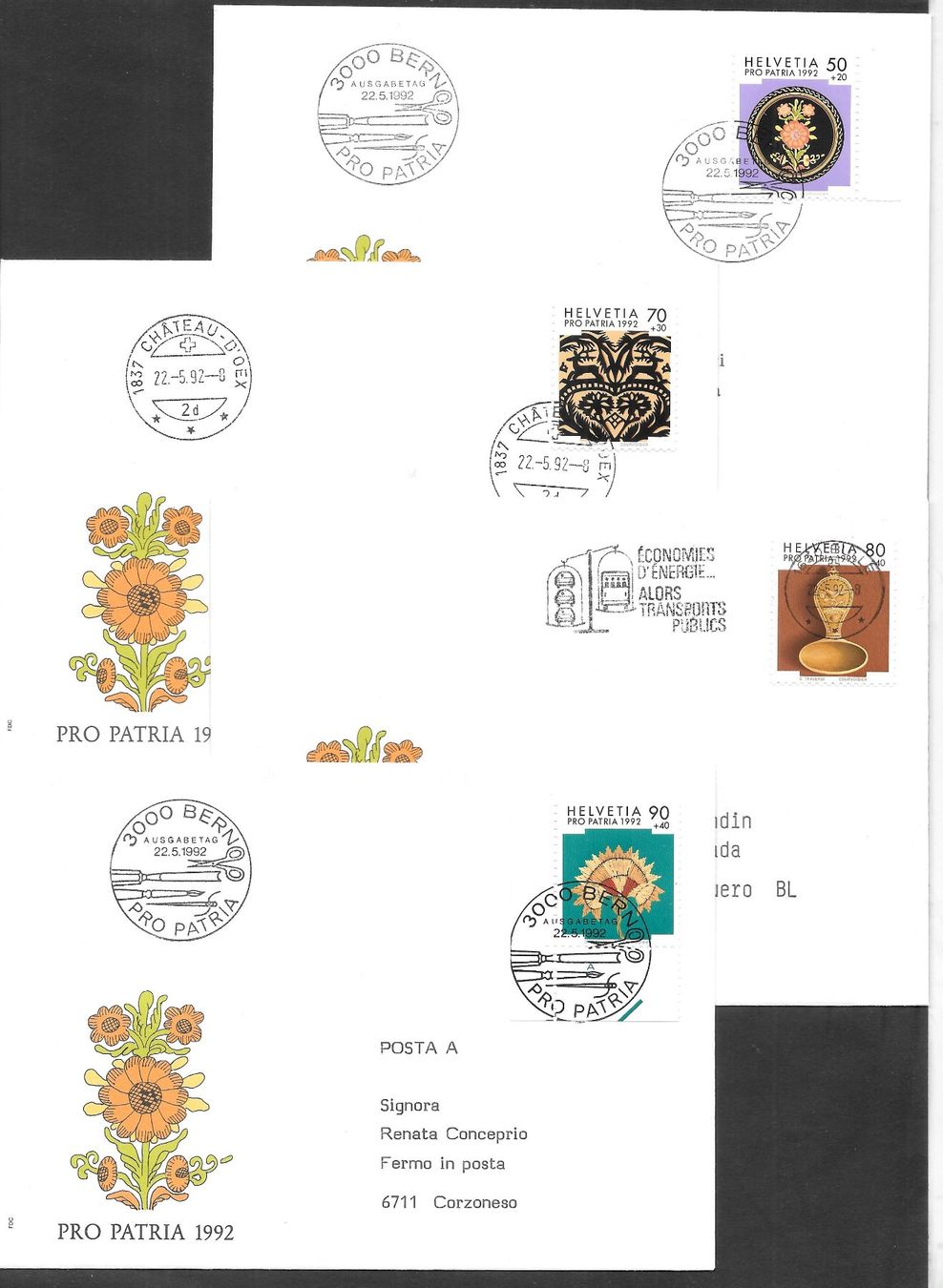 Alle Briefmarken: 4 FDC Pro Patria 1992 Serie Einzelmarken ET 22.5.1992 – Neu (gemäss Beschreibung) aus Olten von clotaldi