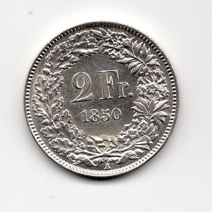 Tutti le monete: (2972) CH, 2 Franken 1850, Super, top stgl – Usato da Rüthi (Rheintal) venduto da erdnuessli1