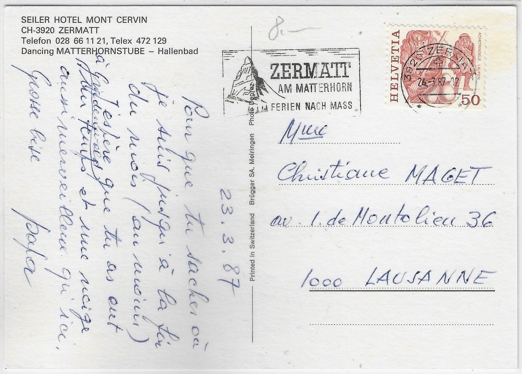 Cartes postales: Seiler Hotel Mont Cervin - Zermatt – D'occasion à Ettingen par Kartenplanet 1