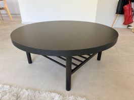 Round coffee table dark wood with shelf