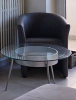 Tavolino vetro bordo argento legno e poltrona grigio 