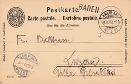 1902: 5 Rp. Ganzsache-PK mit Stabstpl. BADEN nach Luzern