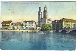 AK Zürich Rathausquai mit Grossmünster und Helmhaus 1913