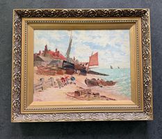 Antikes Ölgemälde – Fischerboote an der Küste (1899)