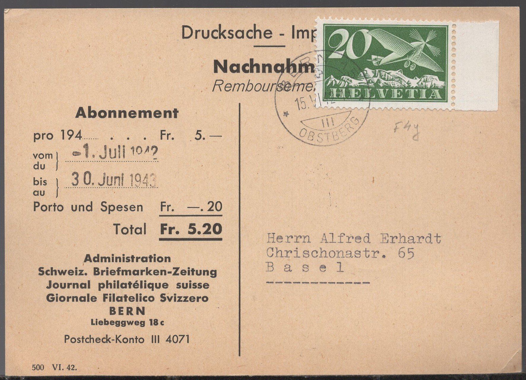 Tutti i francobolli: BERN, 15.VI.42   Drucksache - Nachnahme – Usato da Aarau venduto da kufi44