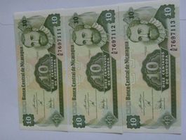3x Nicaragua 10 Centavos Córdoba Banknoten, Neu