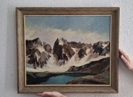 Tableau paysage montagne lac signé C. D'Agostini cadre bois