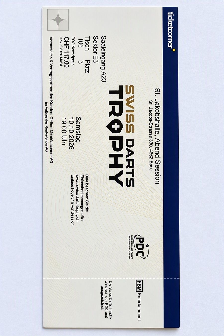 Biglietti: Ticket Swiss Darts Trophy Basel 10.10.2026 – Nuovo (secondo la descrizione) da Oberdiessbach venduto da michu2205
