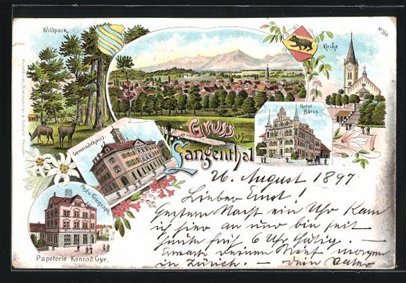 Cartoline postali: Litho Langenthal, Hotel zum Bären, Post – Usato da Berlin venduto da bartko-reher