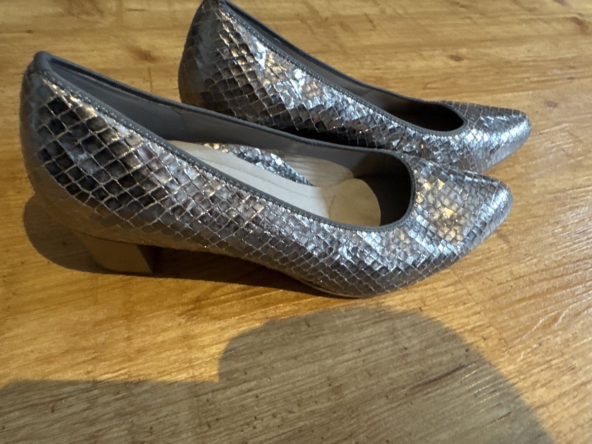 Damenschuhe: Silberne Ballerinas im Schlangenmuster – Gebraucht aus Vella von Buendnersteinbock 1